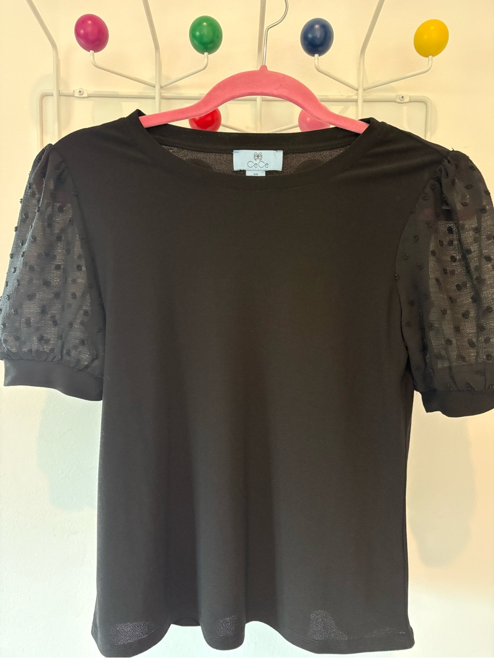 CeCe Black Swiss Dot Puff Sleeve Top – XS